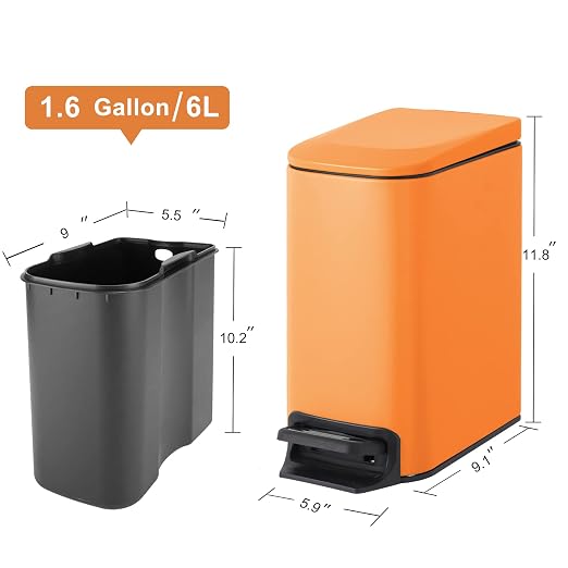Cesun Small Bathroom Trash Can with Lid Soft Close, Step Pedal, 6 Liter / 1.6 Gallon Stainless Steel Garbage Can with Removable Inner Bucket, Anti-Fingerprint Finish (Matt Orange) - Image 6