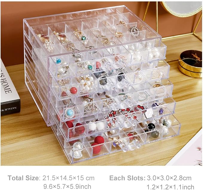 QIYUSHRY Earring Storage Box Acrylic Jewelry Storage Holder Ring Clear Plastic Transparent Jewelry Display Stand with 5 Drawers 120 Small Compartment Tray for Women Girls - Image 7