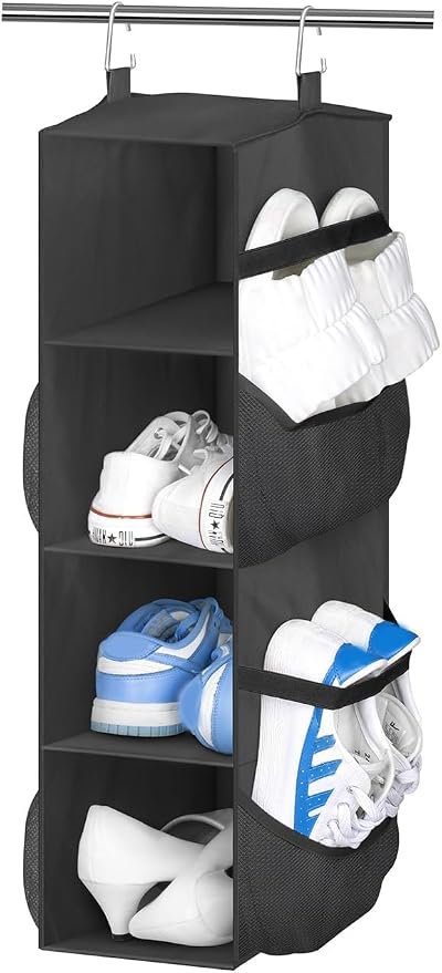 SLEEPING LAMB Short Hanging Shoe Organizer for Closet Storage with Mesh Side Pockets Holds 8 Pairs, Hanging Shoe Rack Hanger RV, Camper, Black by SLEEPINGLAMB