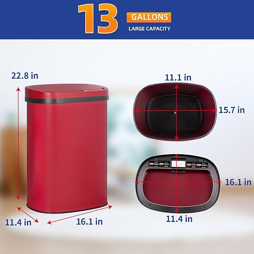 Kitchen Trash Can Bathroom Bedroom Office Garbage Can with Lid Automatic Touch Free Waste Bin Stainless Steel 13 Gallon / 50L,Red - Image 8