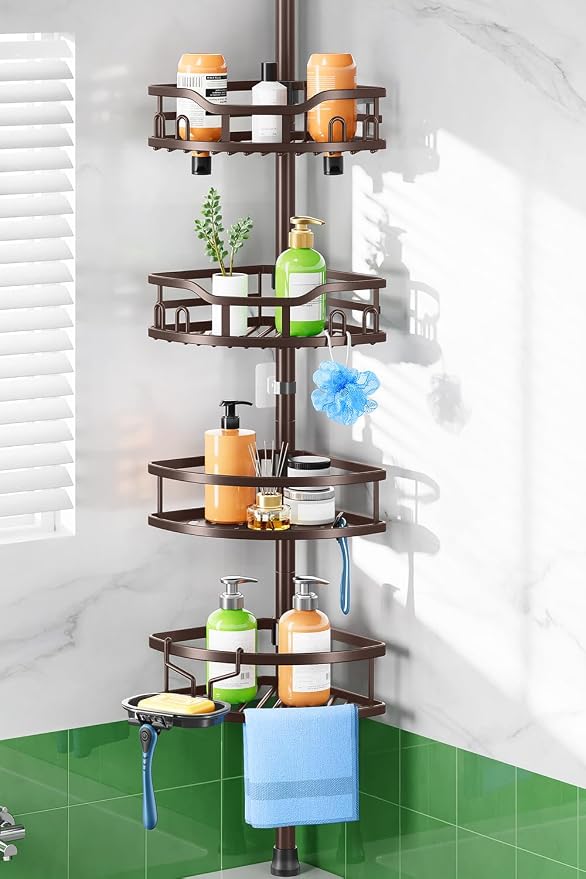 HAMITOR Shower Caddy Tension Pole: Rustproof Quick Install Corner Bathroom Organizer Shelf on Floor for Renters - 4-Tier Large Capacity Storage Rack with Soap Holder for Apartment -47-121 Inch/Bronze by HAMITOR