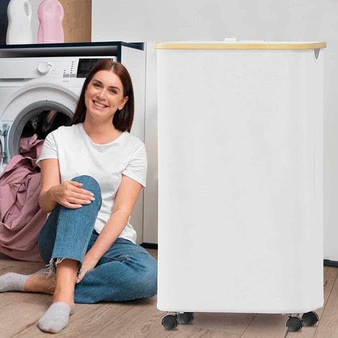 SUOCO Laundry Hamper on Wheels 100L, Clothes Basket with Lid and Bamboo Handles, Foldable Laundry Hamper for Bedroom, Bathroom, Dorm, Laundry Room - White - Image 2