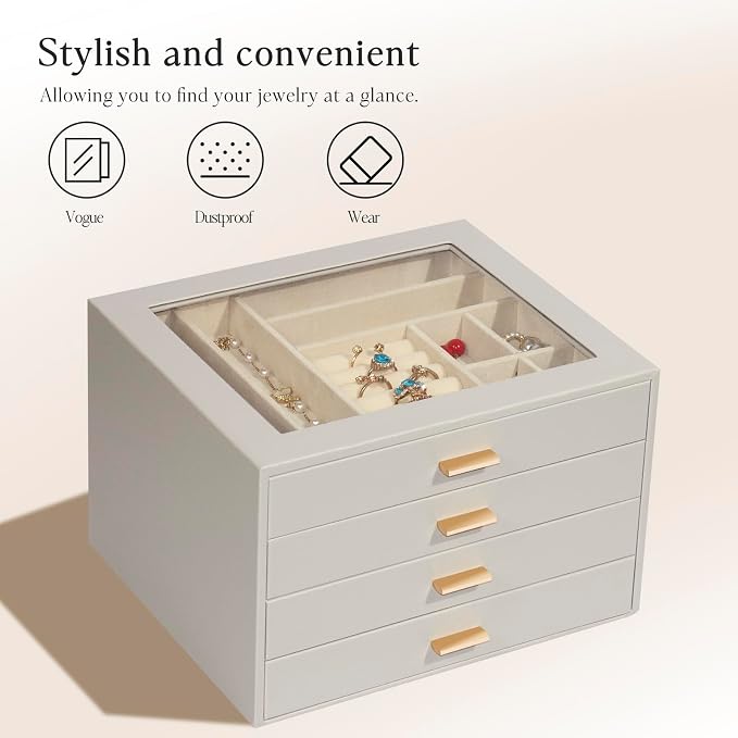 Jewelry Box with Glass Lid, 4-Layer Jewelry Organizer for Women Girls, PU Leather Display Case with 20-Grid Earring Tray & Movable Dividers for Necklaces Rings,Grey - Image 5