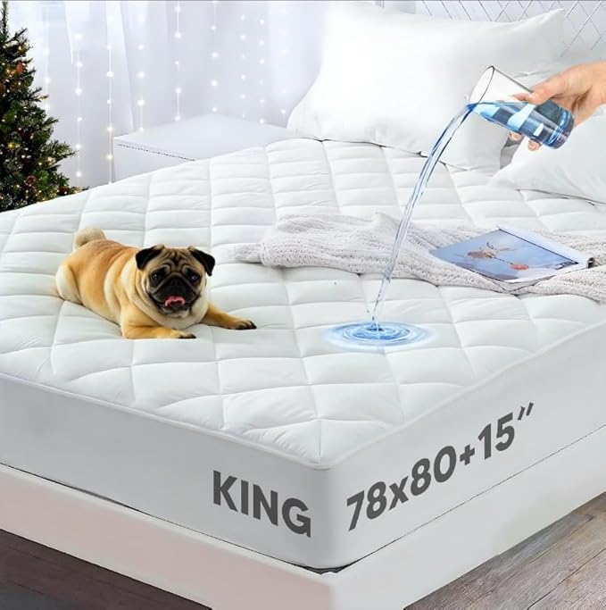 Quilted Fitted Waterproof Mattress Protector King Hotel Grade - 15 Inch Deep Pocket, Non-Allergic, Hollow Fibre Polyester Filling - Machine Washable Mattress Pad, Elastic Fitted Mattress Topper (King)