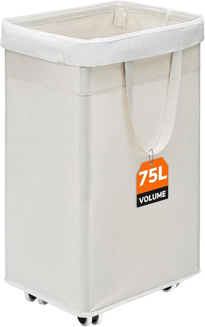CHICVITA Collapsible Laundry Hamper on Wheels, 75L Clothes Laundry Basket with Removable Wash Bag for Dorms, Clothes Hamper with Handles, White by CHICVITA