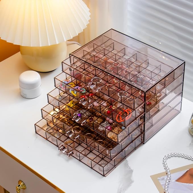 YUFONG Earring Storage Box Organizer, Acrylic Jewelry Storage Box Holder 5 Drawers Transparent Jewelry Display Stand with 120 Small Compartments Gift Boxes for Women Girls (Clear Purple Brown) - Image 7