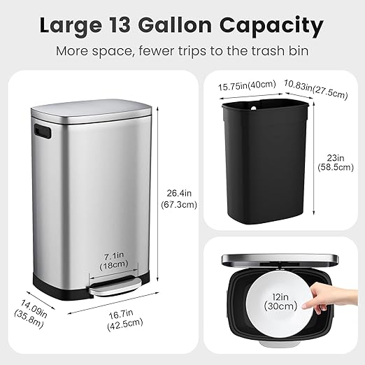 ELPHECO Kitchen Trash Can with Lid Soft Close,13 Gallon / 50L Stainless Steel Pedal Garbage Can, Heavy-Duty Fingerprint Proof Step Wastebasket with 20 Bags, Removable Bucket, Home Office, Silver - Image 3