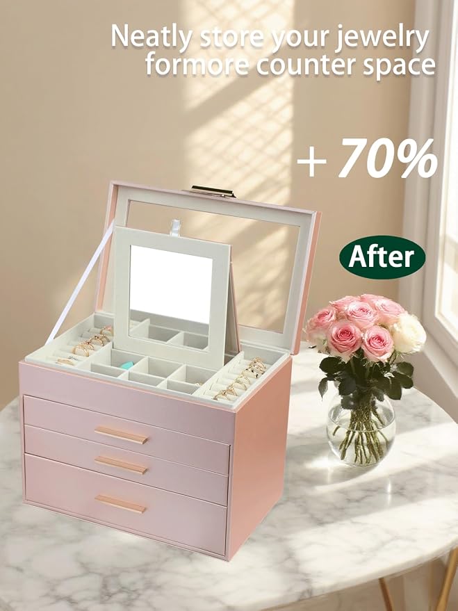BOOVO Jewelry Boxes for Women, White and Black 6 Layer Large Jewelry Box for Necklace, Bracelet, Earrings, Rings Storage, Jewelry holder Organizer for Girls Gift (Rose gold, 4 layer) - Image 6