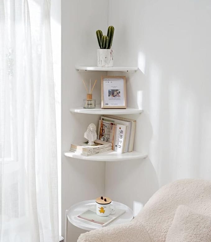 Corner Shelf, White Solid Oak Wood Floating Corner Shelves Wall Mount Round End Floating Speaker Rack Display Shelf for Small Plant Photo Frame (White, 7in) - Image 9