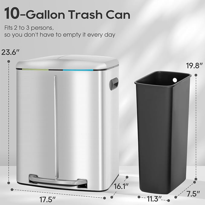 FDW | 10 Gallon Trash Can with Lid | Stainless Steel | Fingerprint-Proof | Made of Stainless Steel | Soft-Close Step Pedal | Hands-Free Use | Easy to Clean | for Kitchen, Office, Bathroom - Image 7