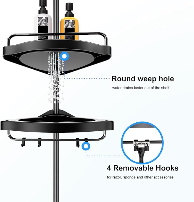 HAMITOR Corner Shower Caddy Tension Pole: Adjustable Stainless Steel Shower Organizer 4 Tier Shelf for Bathroom Bathtub Shampoo - Floor Standing Rack Bath Storage Holder with Rust Proof Rods - Black - Image 2