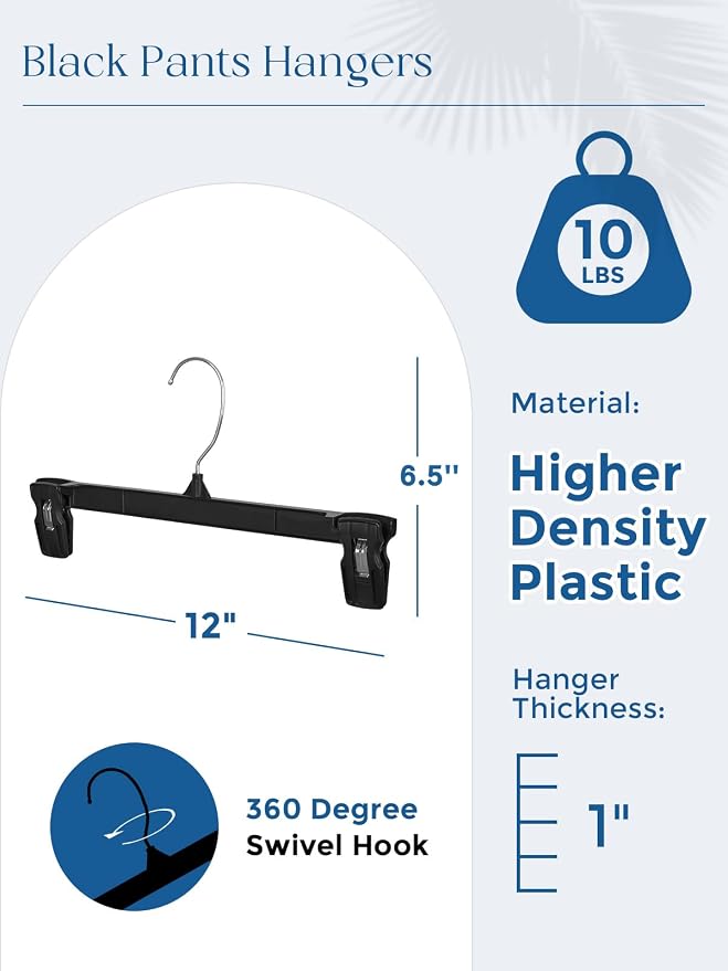 Smartor Space Saving Heavy Duty Hangers - 300 Pack, Slim Plastic Pants and Shorts Hangers, Ridged Non-Slip with Pinch Clips, 360-Rotating Chrome Swivel Hook, Black, 12 Inch - Image 9