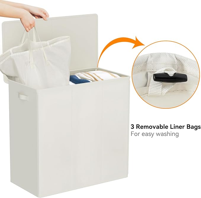 WOWLIVE 180L Laundry Hamper with Lid 3 Section,Large Laundry Basket with Removable Bags and Handles,Collapsible Dirty Clothes Hampers for Laundry,Laundry Basket Organizer for Laundry Room,Dorm,Beige - Image 6