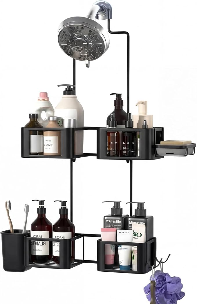 Epicano Hanging Shower Caddy for Handheld Showerheads, Anti-Swing Overhead ShowerCaddy with Removable Hooks & Holders for Razor, Sponge, Soap & Toothbrush, Stainless Steel, Black - Image 8