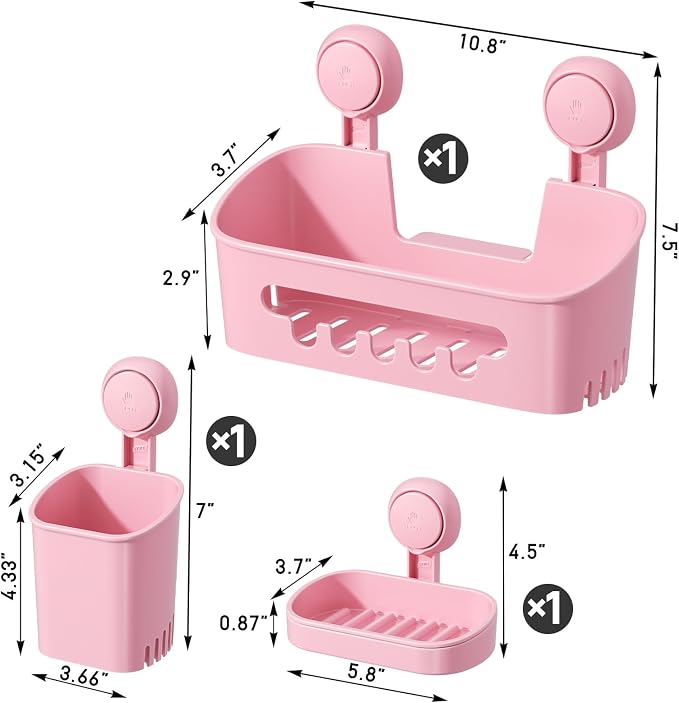 LEVERLOC Shower Caddy Suction Cup Set Shower Organizer & Soap Holder & Toothbrush Holder, Bathroom Shelf Basket NO-Drilling, Removable Suction Storage Waterproof Bathroom Caddy, Pink - Image 4