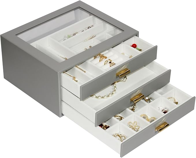 Jewelry Box Organizer with 3 Drawers,Glass Lid Jewelry Boxes for Women,Jewelry Storage for Rings,Necklaces,Earrings,Bracelets,Interesting Gift,Gray - Image 2