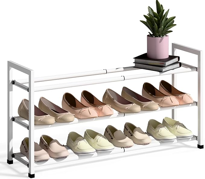 Bumusty 3-Tier Expandable Shoe Rack for Closet, 18“-33” Adjustable Shoe Rack for Small Space, Small Shoe Organizer for Front Door, Sturdy Metal, White by BUMUSTY