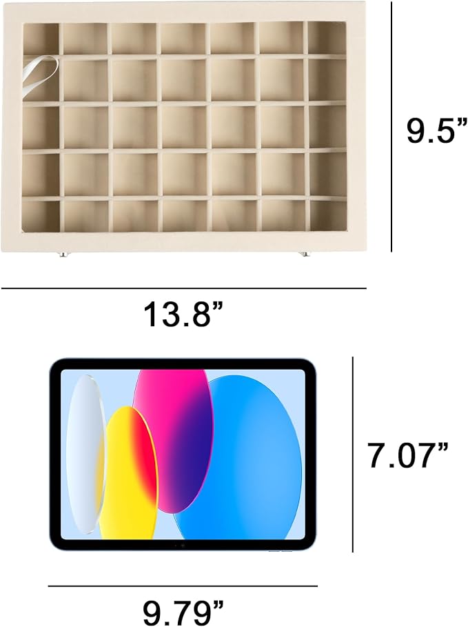 Frebeauty Velvet Jewelry Tray,35 Grid Jewelry Organizer with Clear Lid,Earring Holder Organizer Case with Clasp,Drawer Insert for Rings Studs,13.8 x 9.5 x 2 Inches,Gift for Women Girls(White) - Image 4