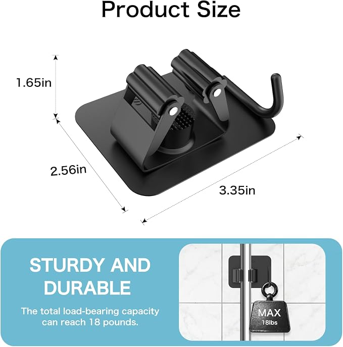 nacena 4 Pack No Drill Self Adhesive Broom Mop Holder Wall Mount with Hooks, Heavy Duty Stainless Steel Organizer for Kitchen Bathroom Garage Storage, Black - Image 2