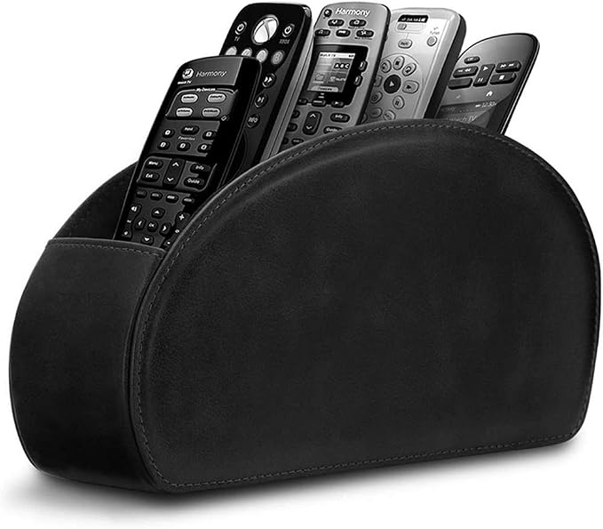 Leather Remote Control Holder with 5 Compartments TV Remote Caddy Storage Box/Tray,Desktop Organizer Store Controller,Glasses,Brush,Media Player,Pen,Space Saver for Bedside Table/Office Desk(Black) by RHCSZ