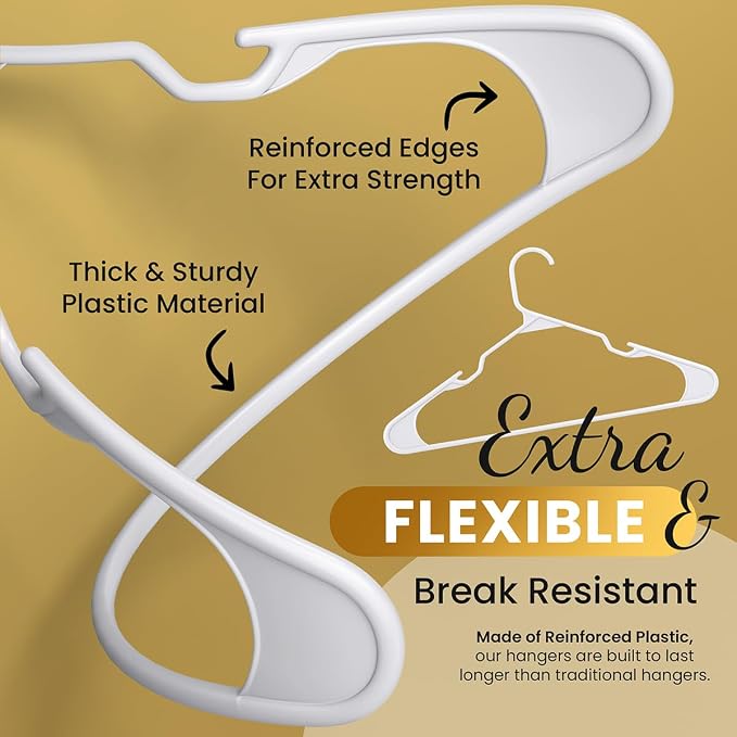 Our Modern Space 200 Pack Plastic Hanger for Shirt Pants Coats Dresses Skirts Suits Jackets - Standard Thick Coat Hanger - Sturdy & Durable Design with Shoulder Grooves Hook - White - Image 3