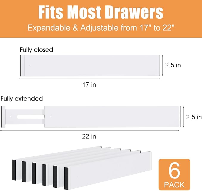Bamboo Drawer Dividers,17-22" Adjustable Kitchen Drawer Organizer for Clothes,6 Pack Expandable Drawer Organization Separators for Bedroom,Bathroom,Dresser and Office,White - Image 3