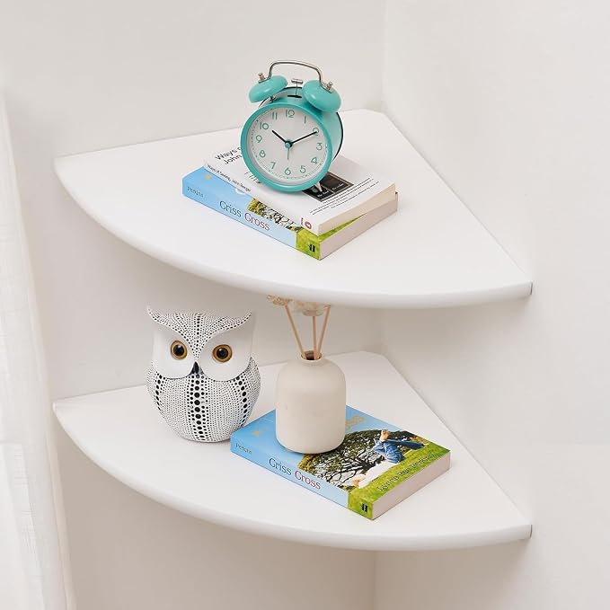 Corner Shelves, Floating Corner Shelf, Set of 2 Solid Oak Wood Wall Shelves, Round End Wall Mount with Wire Hole Shelving for Small Plant for Bedroom Kitchen, Living Room White by Coamily