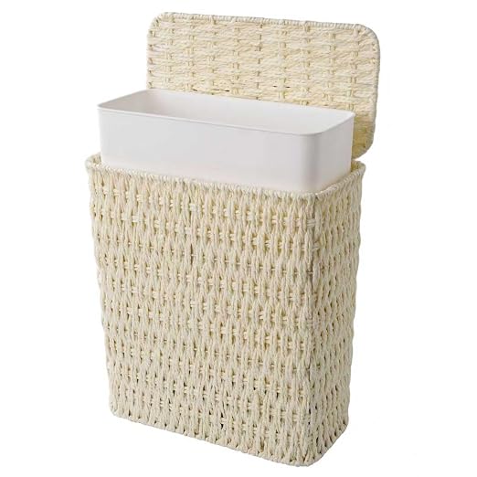 Coeusy 3 Gallon Paper Rope Bathroom Trash Can,Small Wicker Trash Cans with Lid and Liner,Woven Rattan Narrow Waste Basket for Bedroom,Office,White by WEAVECOMFORTINTOEVERYCORNER