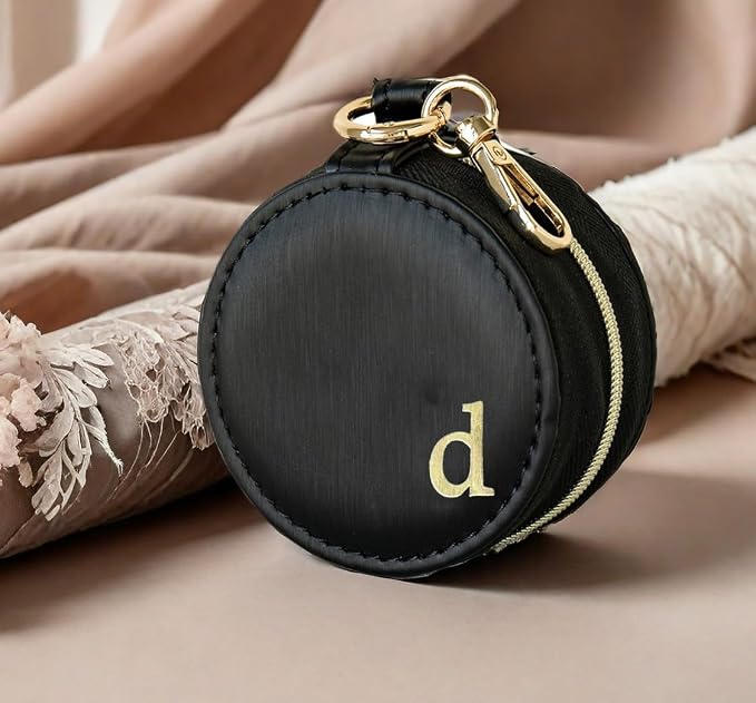 COLLECTIVE HOME - Monogrammed Letter Jewelry Case, Portable Travel Ring Holder Box with Keychain, Personalized Initial Organizer for Earrings Necklaces, Gift for Her (Black-d) - Image 2