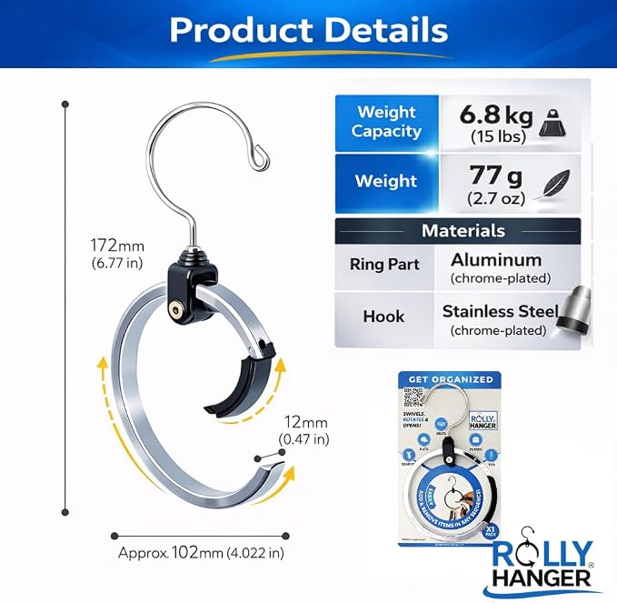 Rolly Hanger® Closet Space Saver – Premium Rotating Aluminum Organizer for Belts, Ties, Hats & Handbags – Heavy Duty 360° Swivel – Declutter & Maximize Storage (1 Pack) - Image 16