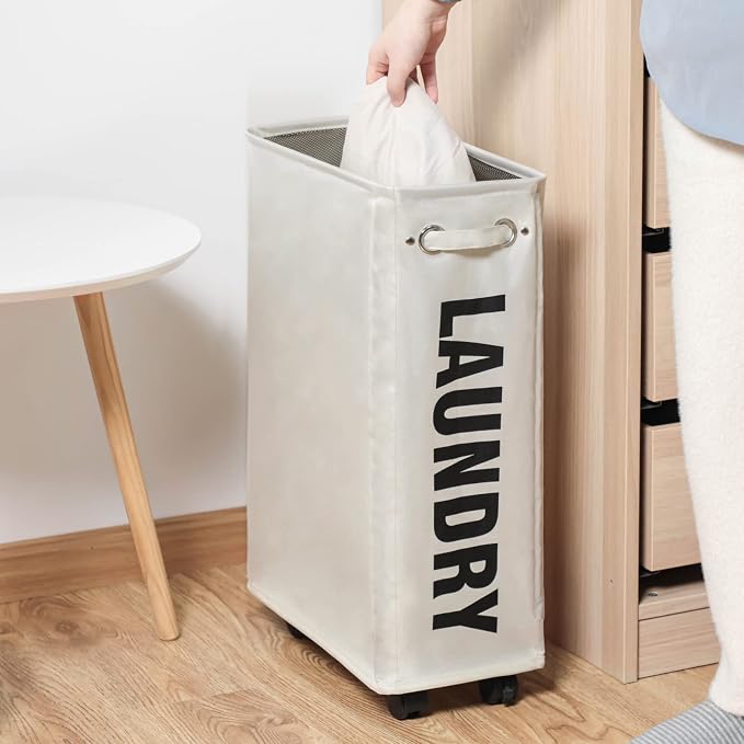 DOKEHOM 25-Inches Slim Laundry Basket on Wheels, Collapsible Rolling Laundry Hamper, Foldable Narrow Corner Clothes Storage Bins (Beige) - Image 8