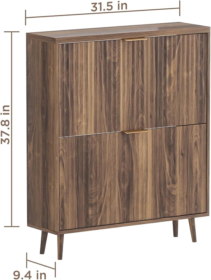Shoe Cabinet Storage, Modern Freestanding Organizer with 2 Flip Drawers, Narrow Shoe Rack for Entryway, Walnut - Image 2