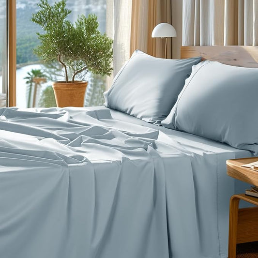 SONORO KATE 100% Egyptian Cotton Sheets Set - 1000 High Thread Count, Luxury 5-Star Hotel Sateen Bed Sheets, Soft, Breathable Long Staple Sheets, Fit up to 16" - 4 PC (Light Blue,Queen)