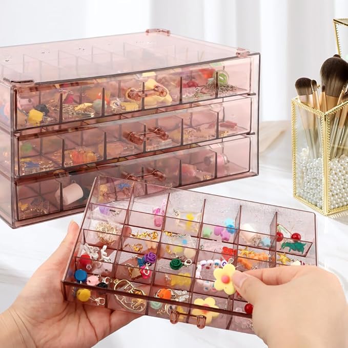 Jewelry Organizer, Earring Holder Organizer Box with 3 Layers, 72 Grids Earring Case, Craft Storage Containers for Nail Charms, Ring, Earrings(Tan) - Image 6