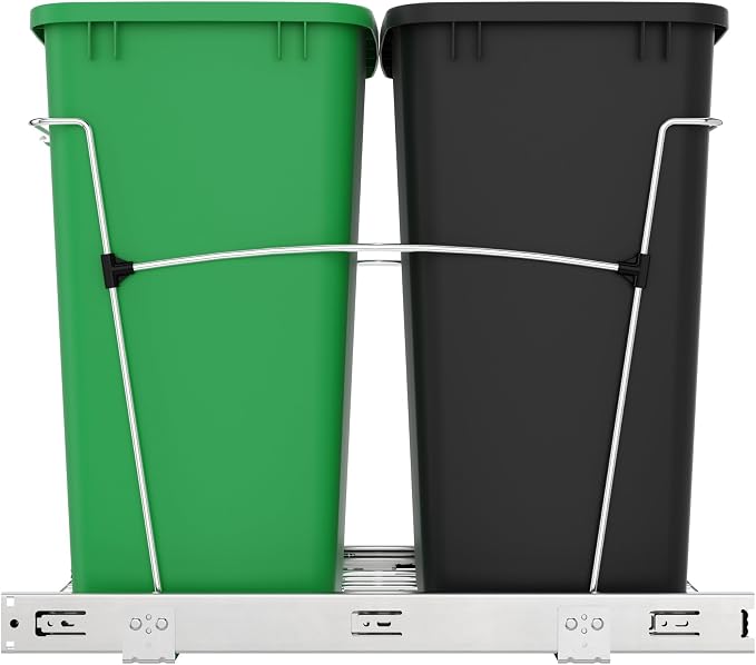 Rev-A-Shelf RV-18KD-1918C-S Double Pullout Trash Can for Kitchen Cabinets 35 Quart Garbage Recycling Bin Container on Full Slides, Green/Black - Image 8