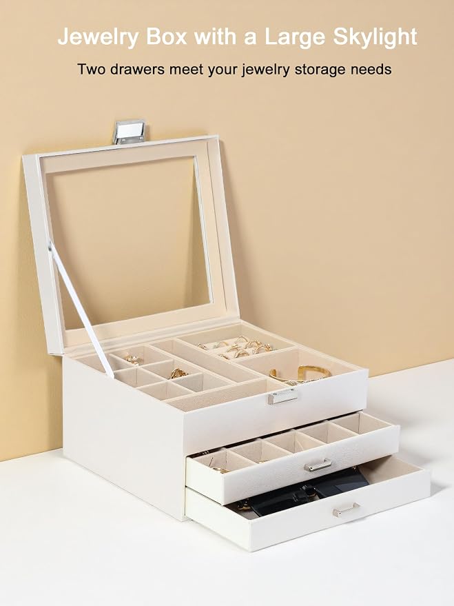 Clear Lid Jewelry Box,3 Layers Jewelry Organizer Large Multi-Functional Jewelry Storage Box with 2 Drawers,Jewelry Display Case of Rings Earrings Necklace Bracelets for Women Girls (Light gold) - Image 4