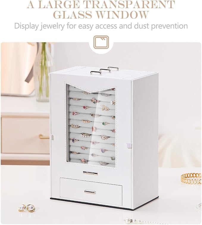 Homde Jewelry Organizer with Transparent Window Necklace Hooks Gift for Women Jewelry Box Display Case for Necklaces Rings Earrings Bracelets and Other Jewelry Accessories (White) - Image 2