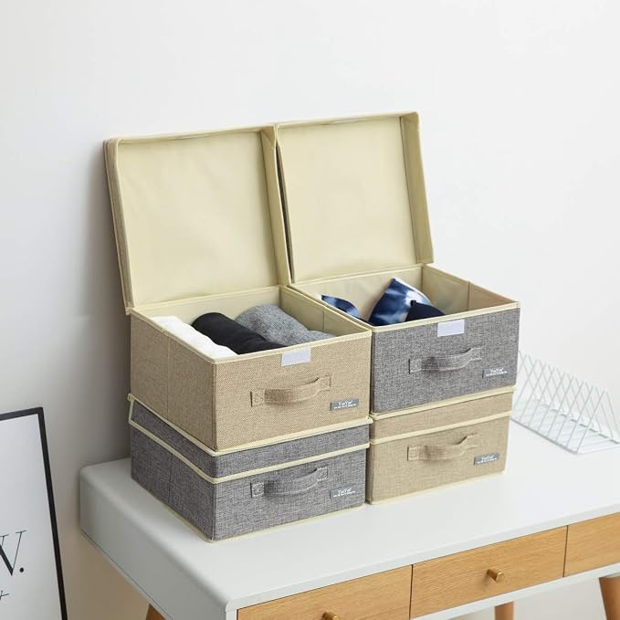 YueYue 4 Pack Small Fabric Storage Box with Lids, Foldable Linen Storage Box with Lids 4 Pieces Gray&Linen Set 12.4in/12in/6.7in - Image 5