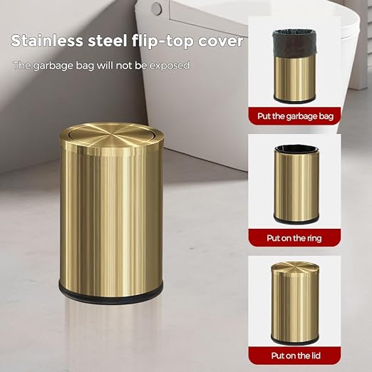 9L/2.4Gal Gold Trash Can,Brass Bathroom Garbae Can with Flipping Lid,Small Brass Garbage Can for Office, Laundry Room,Bedroom,Hotel - Image 7