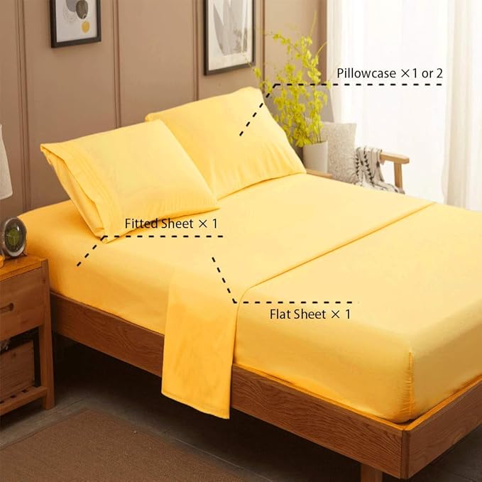SONORO KATE Bed Sheet Set Super Soft Microfiber 1800 Thread Count Luxury Egyptian Sheets 16-Inch Deep Pocket，Wrinkle and Hypoallergenic-4 Piece (Yellow, King)