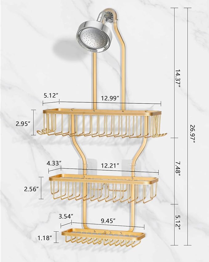 Shower Caddy Hanging - Never Rust Shower Hanging Organizer - Aluminum Over the ShowerHead Caddy with Soap Basket and 6 Razor/Sponge Hooks (Gold) - Image 2