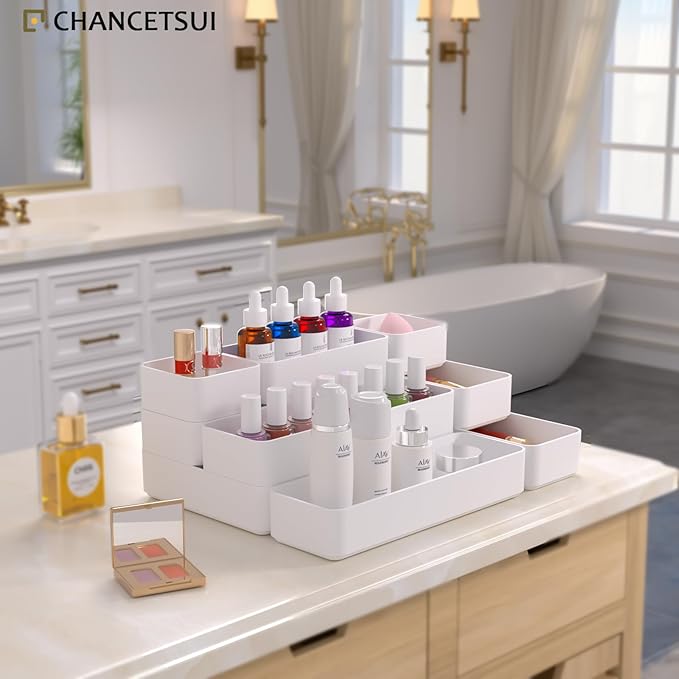 9 Pcs Stackable Drawer Organizer Trays Set, Multifunctional Stackable Storage Trays for Vanity, Bathroom, Kitchen, Desk Drawer Organizer Office. Plastic Drawer Organizers Available In 5 Colours, White - Image 2