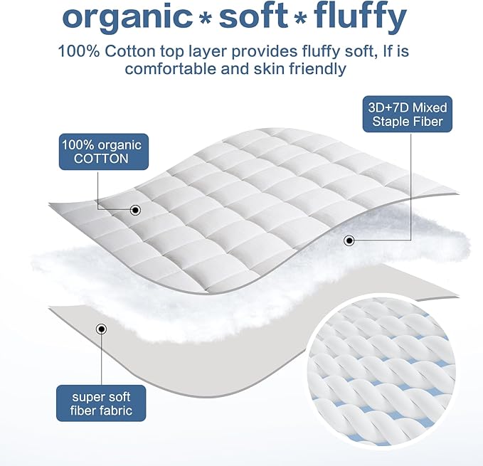 LEISURE TOWN Cotton Mattress Pad Twin Size Fitted Quilted Mattress Cover Pillow Top Mattress Topper Cooling Soft Breathable Mattress Protector with 8-21 Deep Pocket,Machine Washable (39x75 White)