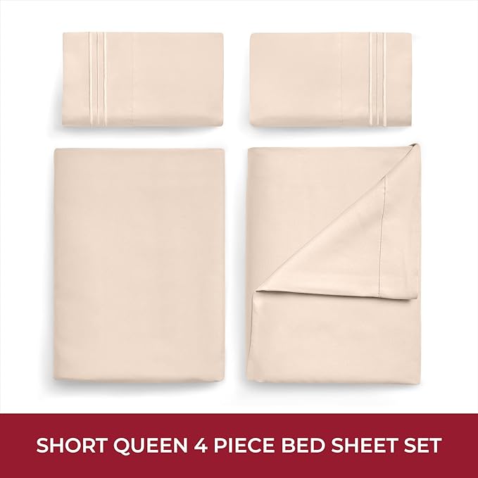 Mellanni RV Short Queen Sheets - 4 PC Iconic Collection Bedding - Hotel Luxury, Extra Soft, Cooling Bed Sheets - Deep Pocket up to 10 inch (RV/Short Queen, Beige)