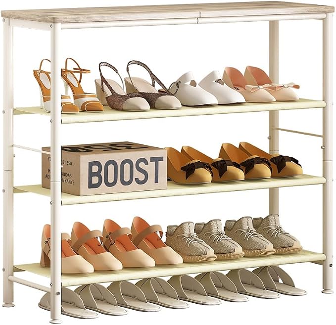 INGIORDAR Shoe Rack Organizer 5 Tier Metal Organizer Shelf with Industrial MDF Board and Layer Fabric for Entryway Closet Bedroom Living Room Garage (White, 4 Tier) by INGIORDAR