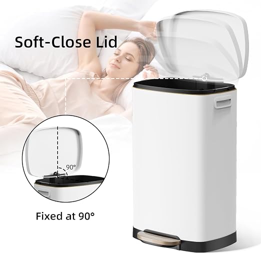 KUK 13 Gallon Kitchen Trash Can with Lid, 50L/13Gal Office Step Garbage Can for Home, Kitchen, Laundry Room, Office, Brushed Stainless Steel, White - Image 3