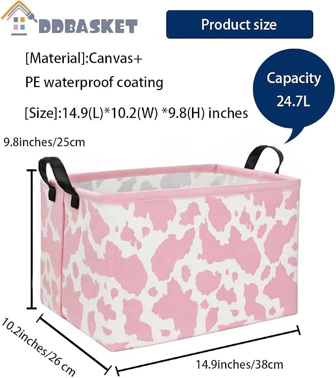 Rectangular Cow Baskets Pink Basket Cute Storage Bins Organizer Box Girls Room Decor for Home.(Pink cow) - Image 2