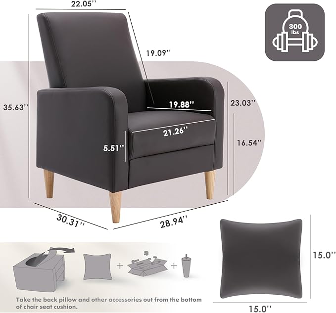 COLAMY Modern Upholstered Accent Chair Armchair with Pillow, PU Leather Reading Living Room Side Chair,Single Sofa with Wood Legs, Brown