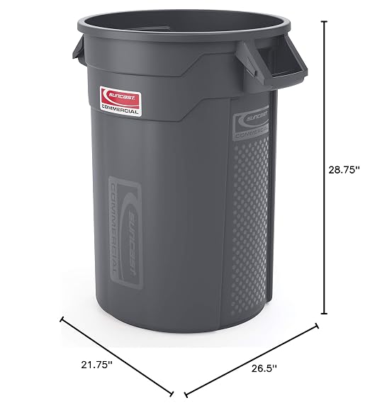 Suncast Commercial Products 32 Gallon Trash Can with Vented Channels, Ergonomic Handles, Rolled Upper Lip, Made in the USA, Gray - Image 9