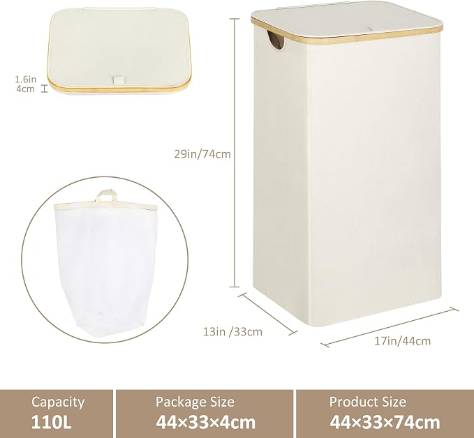 iEGrow Laundry Basket with Lid, 110L Large Laundry Hamper with Handle and Lid, Collapsible Clothes Basket Organizer with Removable Inner Bag for Clothes Toys Towels - Beige - Image 6